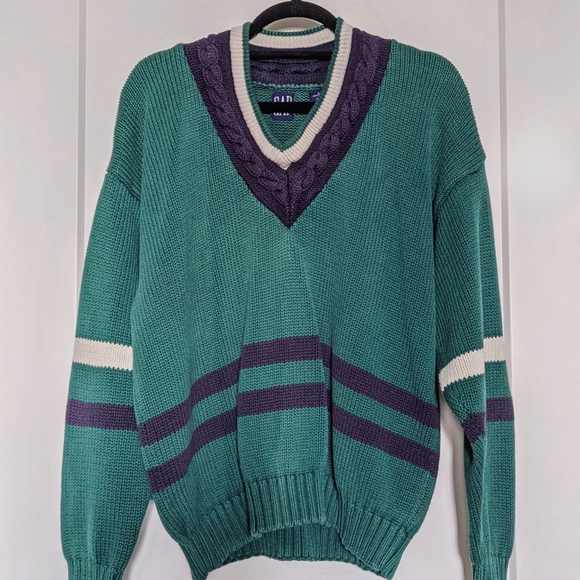 VTG 90s GAP V-Neck Cable Knit Sweater Varsity College Green Cotton Men's L Large - Picture 2 of 4